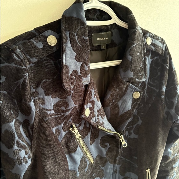 Geisha Denim Damask Moto Jacket Size S Blue Black Belted Biker Jacket - Picture 7 of 10